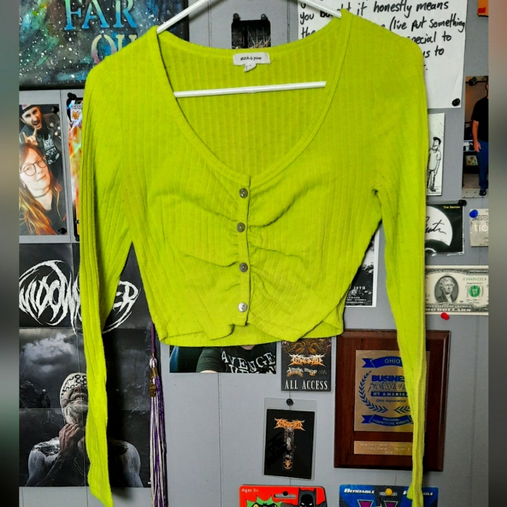 Stitch & Pine neon yellow/green button up long sleeve crop top